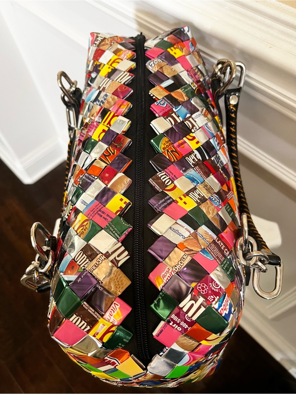 Recycled, Patchwork Hand Woven Candy Wrappers Structured Large Satchel. - Picture 5 of 17